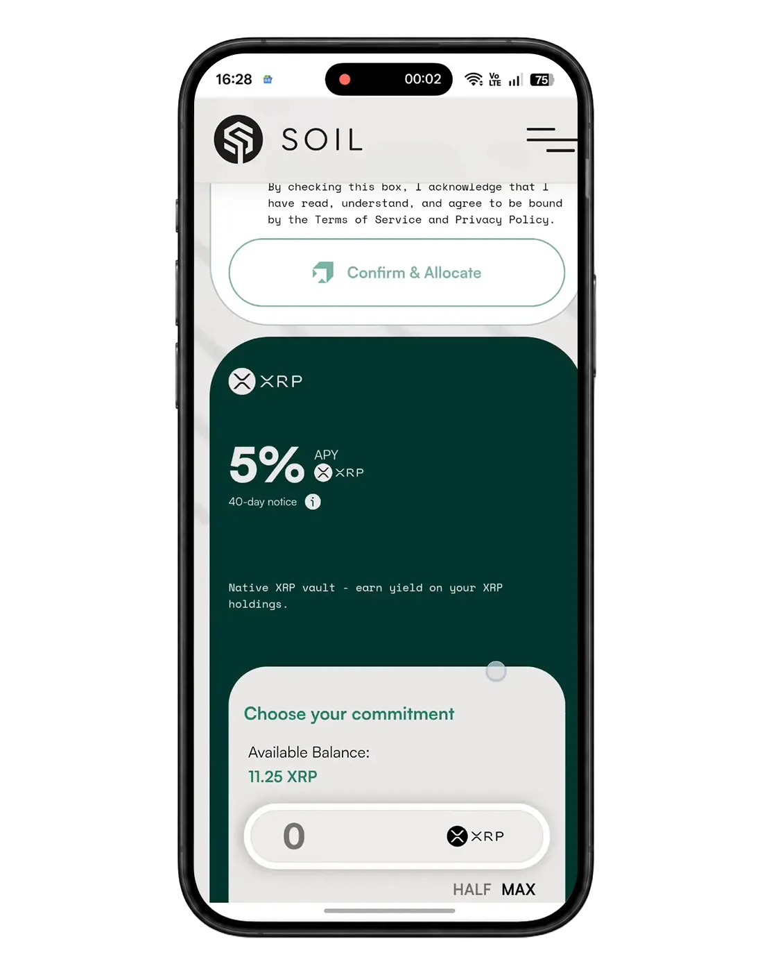 SOIL XRP Vault live terms screen