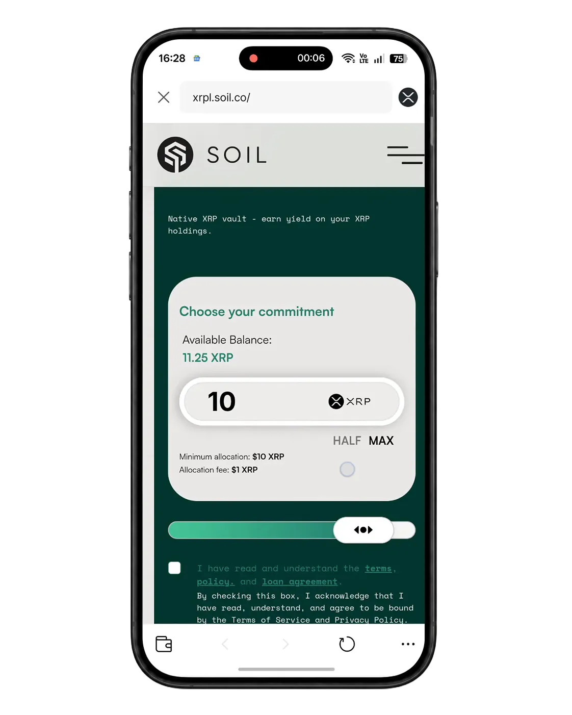 SOIL XRP Vault amount entry screen
