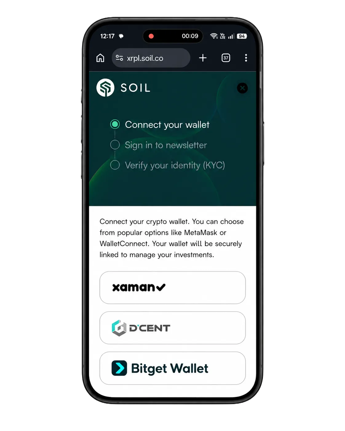 SOIL XRPL Connect Wallet screen with D'CENT selected