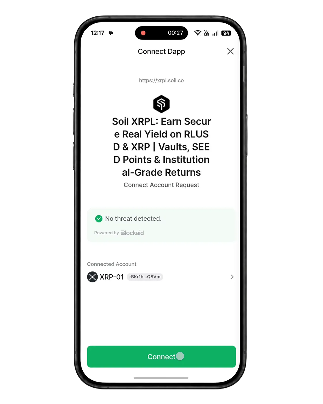 D'CENT Connect Dapp screen for SOIL XRPL