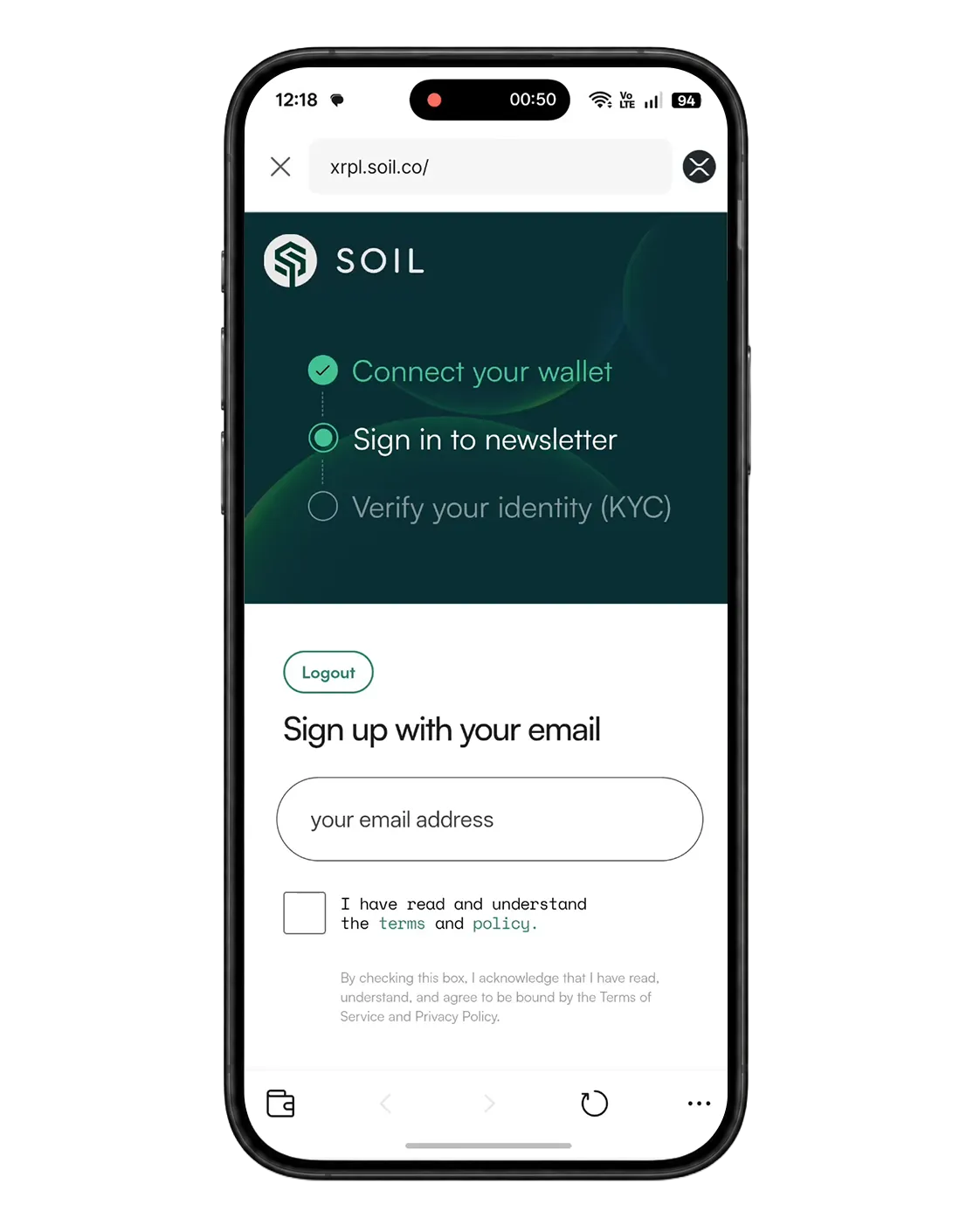 SOIL XRPL Sign in to newsletter email screen