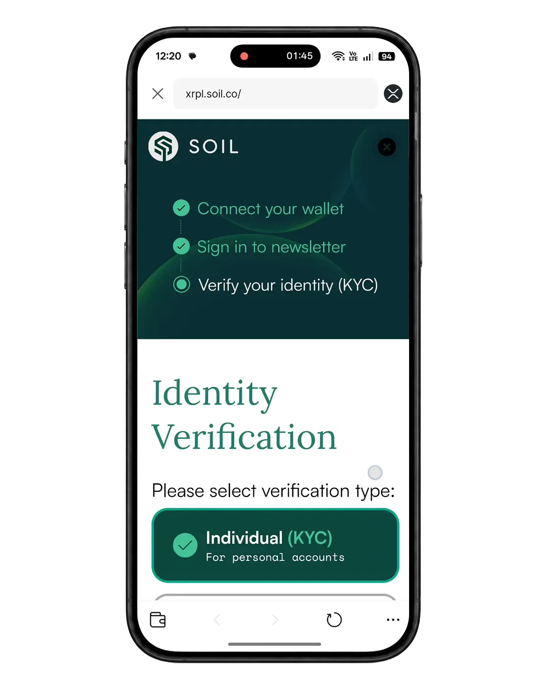 SOIL XRPL Identity Verification with Individual KYC selected