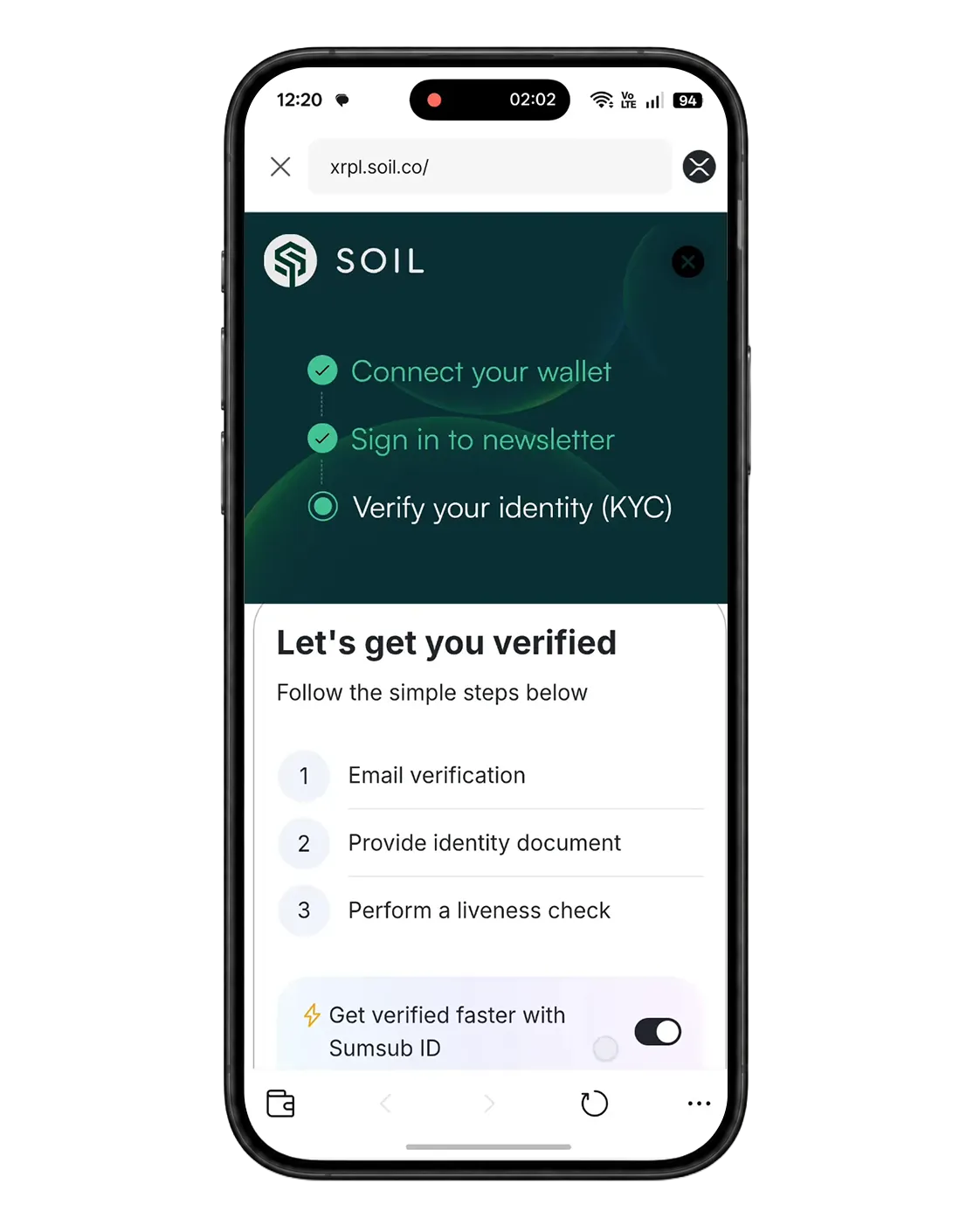 Sumsub verification start screen in SOIL XRPL